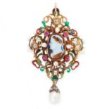 A FINE ANTIQUE PEARL, DIAMOND, RUBY AND ENAMEL CAMEO PENDANT in yellow gold, set with a central
