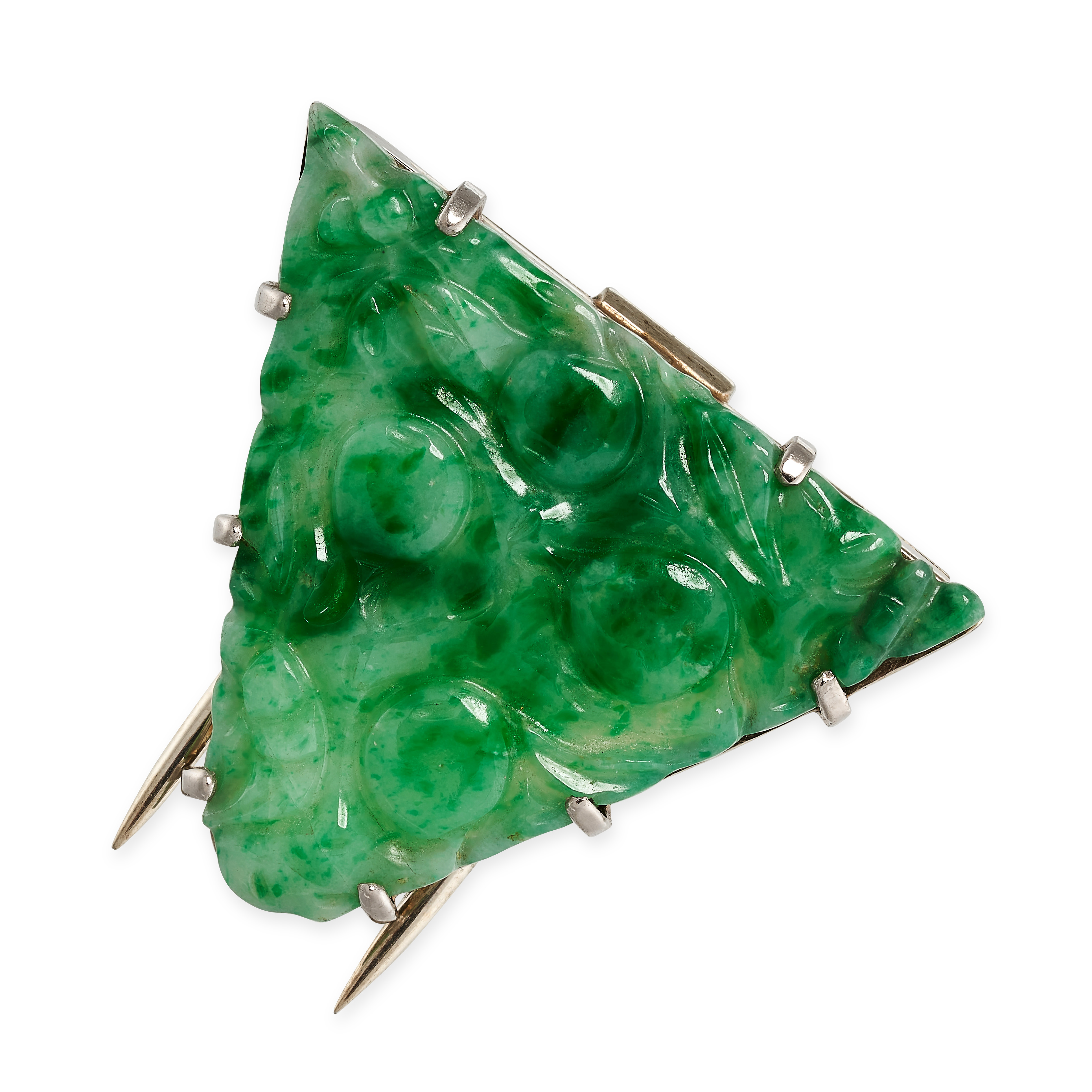 A NATURAL JADEITE JADE BROOCH comprising a single piece of polished jade, carved with fruit and