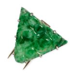 A NATURAL JADEITE JADE BROOCH comprising a single piece of polished jade, carved with fruit and