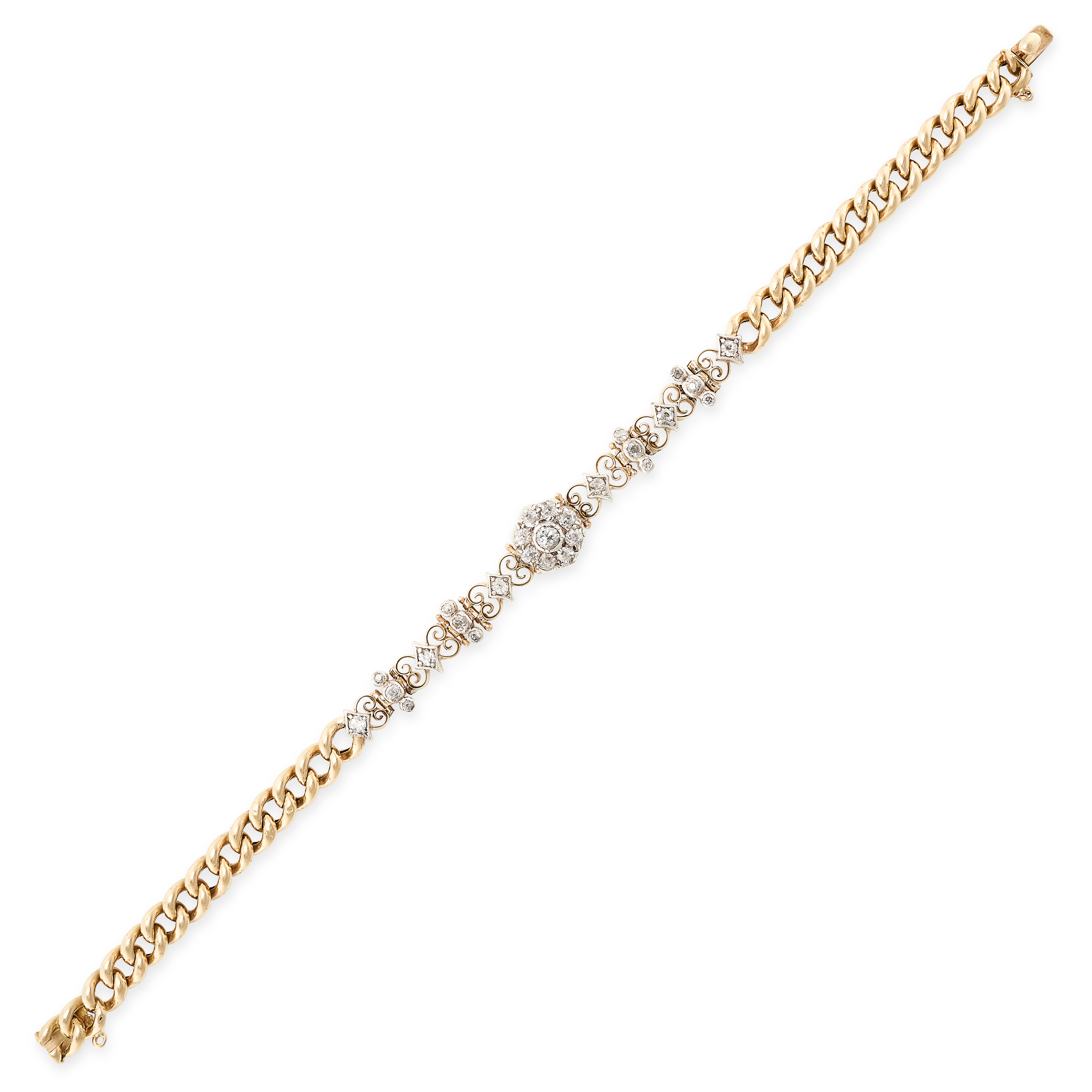 AN ANTIQUE DIAMOND BRACELET in yellow gold and silver, set with a central floral cluster of old