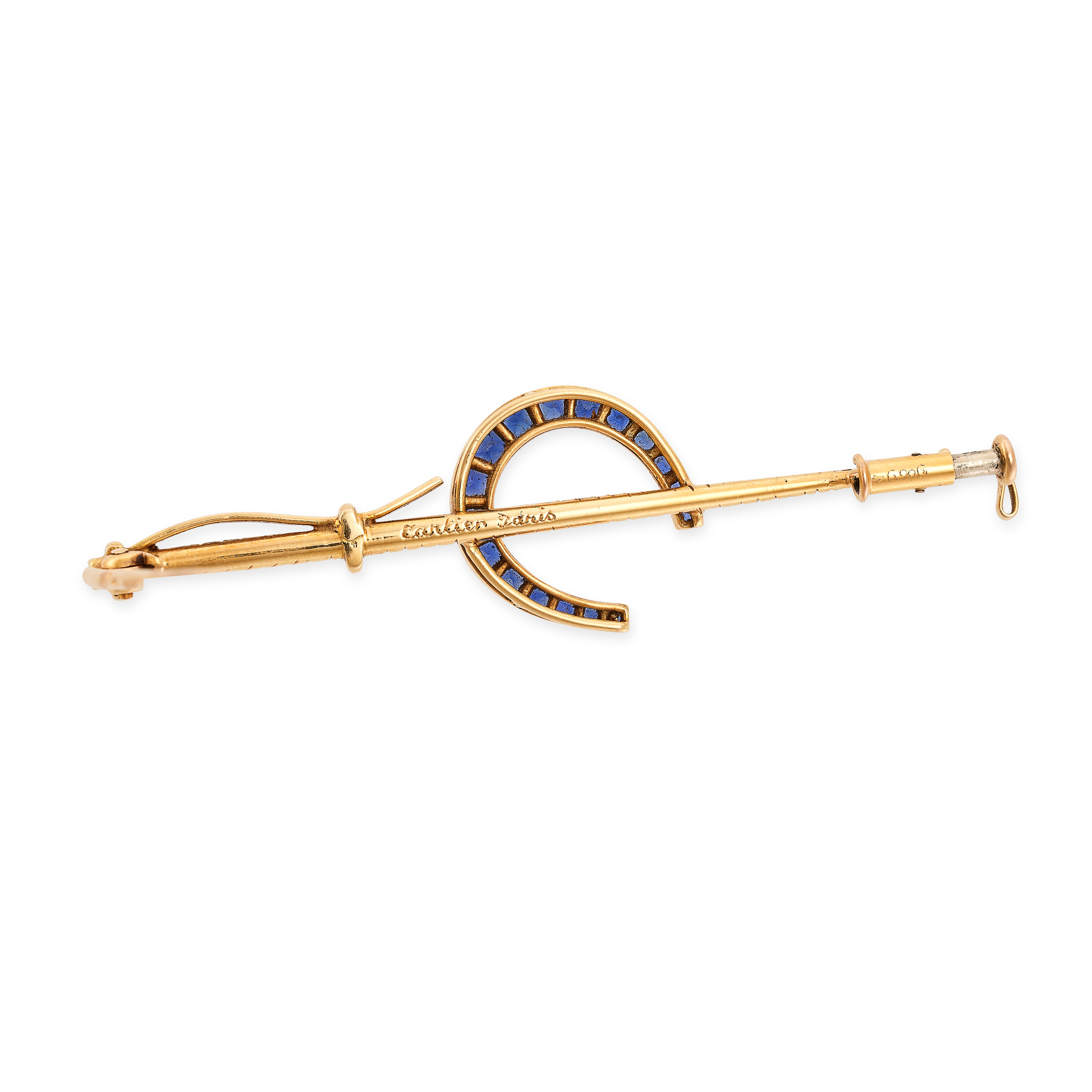 CARTIER, A SAPPHIRE STOCK PIN BROOCH in 18ct yellow gold, designed as a riding crop and horse shoe - Image 2 of 2
