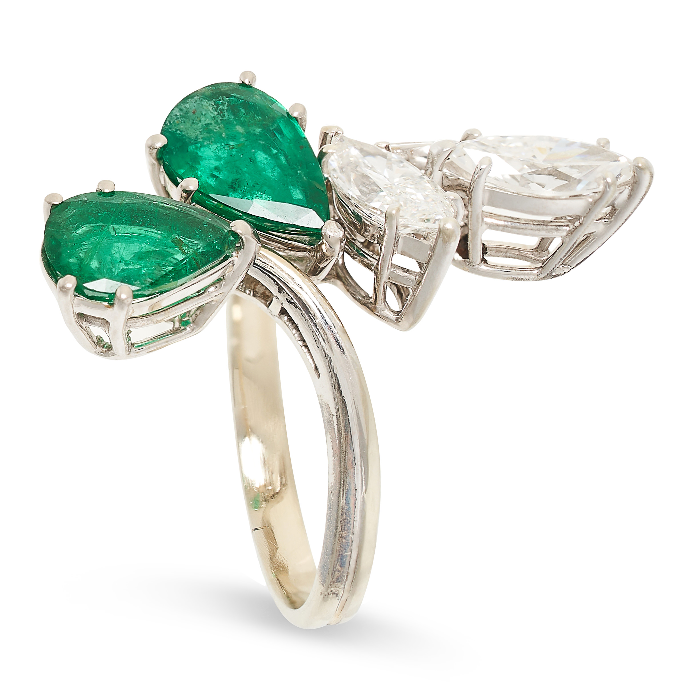 AN EMERALD AND DIAMOND DRESS RING set with two marquise cut diamonds and two pear cut emeralds, no - Image 2 of 2