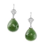 A PAIR OF NEPHRITE JADE AND DIAMOND DROP EARRINGS in white gold, each set with a briolette cut