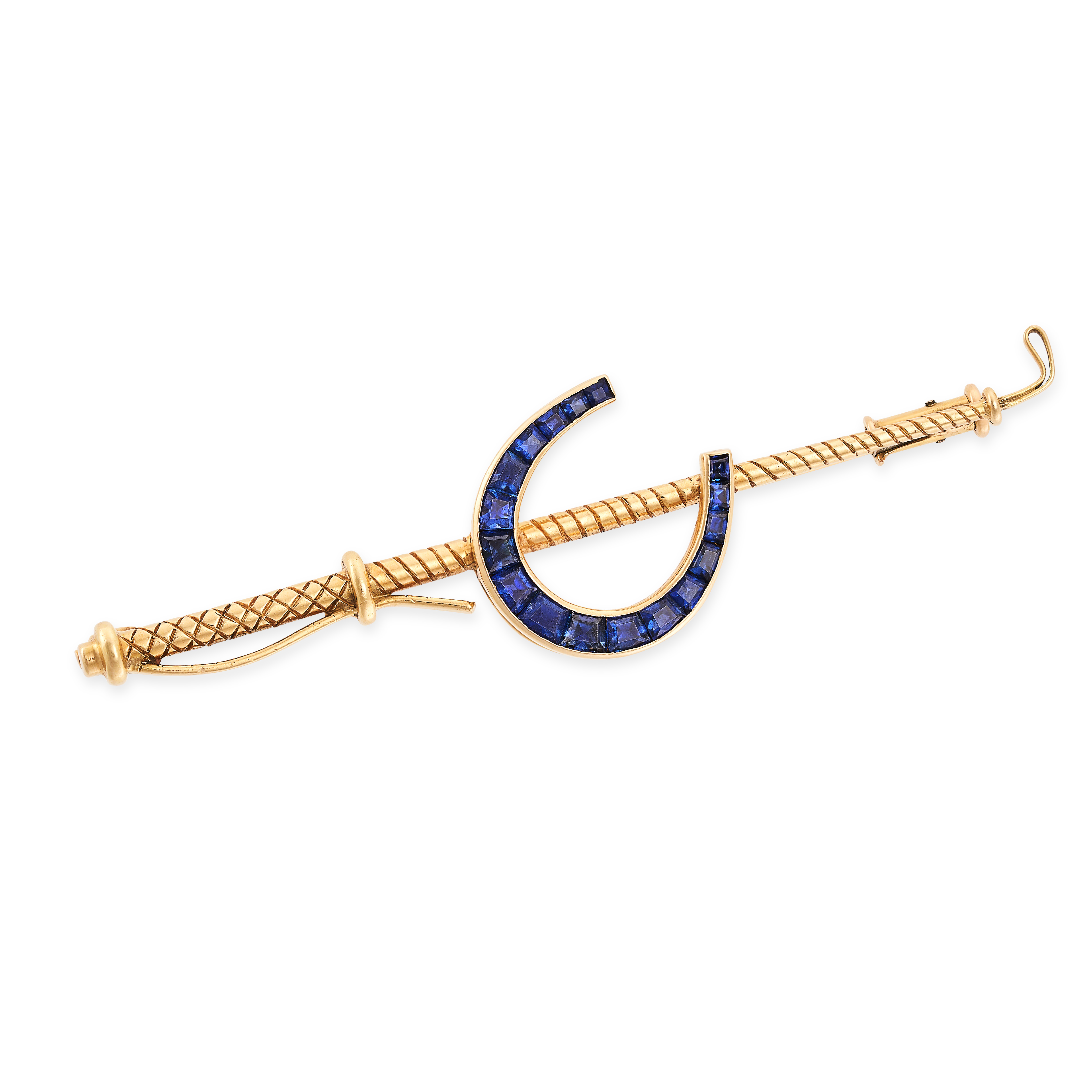 CARTIER, A SAPPHIRE STOCK PIN BROOCH in 18ct yellow gold, designed as a riding crop and horse shoe