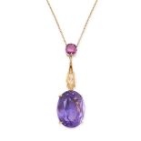 AN AMETHYST PENDANT NECKLACE in 18ct yellow gold, set with a cushion cut amethyst suspending a