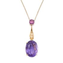 AN AMETHYST PENDANT NECKLACE in 18ct yellow gold, set with a cushion cut amethyst suspending a