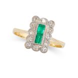 A VINTAGE EMERALD AND DIAMOND RING in 18ct yellow gold and platinum, the rectangular face set with