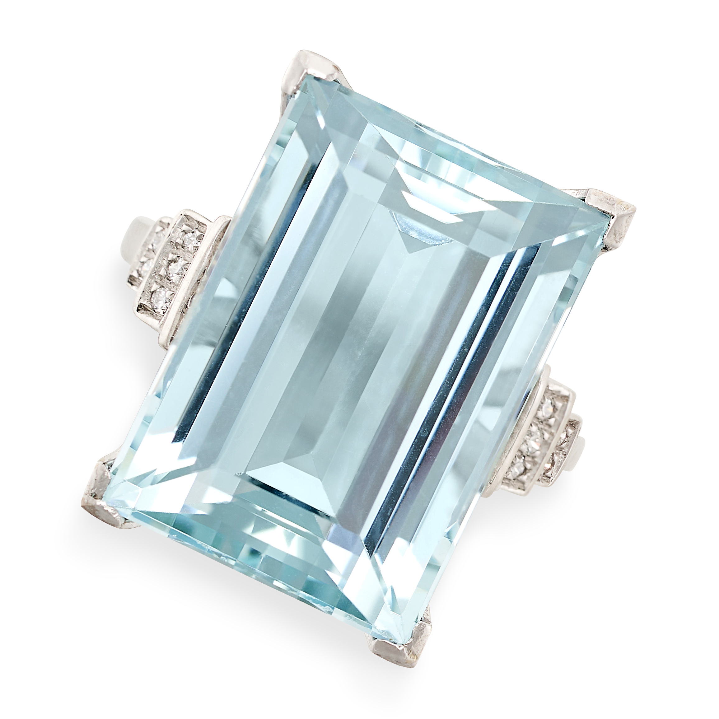 AN AQUAMARINE AND DIAMOND RING set with a step cut aquamarine of 15.34 carats, the stepped shoulders