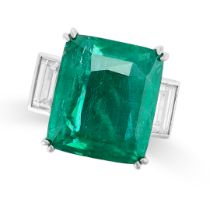 A FINE EMERALD AND DIAMOND RING in 18ct white gold, set with a rectangular mixed cut emerald of 14.