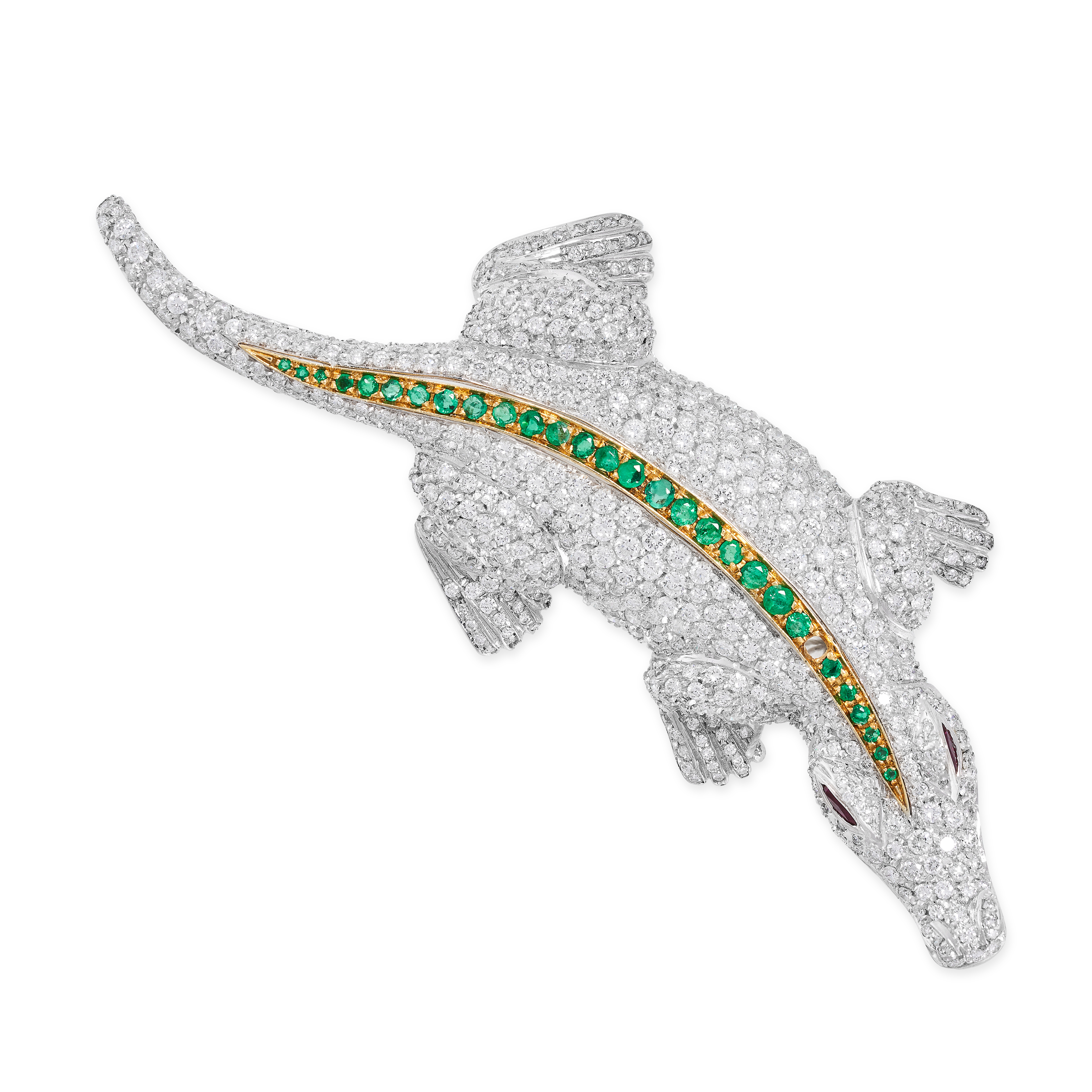 WEMPE, A DIAMOND, EMERALD AND RUBY ALLIGATOR BROOCH the body pave set with round brilliant cut