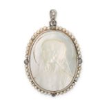 AN ANTIQUE MOTHER OF PEARL CAMEO, DIAMOND AND PEARL PENDANT, EARLY 20TH CENTURY comprising of a