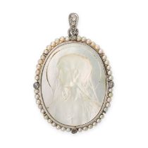 AN ANTIQUE MOTHER OF PEARL CAMEO, DIAMOND AND PEARL PENDANT, EARLY 20TH CENTURY comprising of a