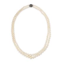 A PEARL, DIAMOND AND ENAMEL NECKLACE in yellow gold and silver, comprising two rows of pearls