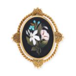 AN ANTIQUE PIETRA DURA LOCKET BROOCH in yellow gold, of oval design, inset with polished pieces of