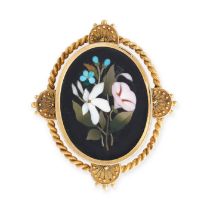 AN ANTIQUE PIETRA DURA LOCKET BROOCH in yellow gold, of oval design, inset with polished pieces of