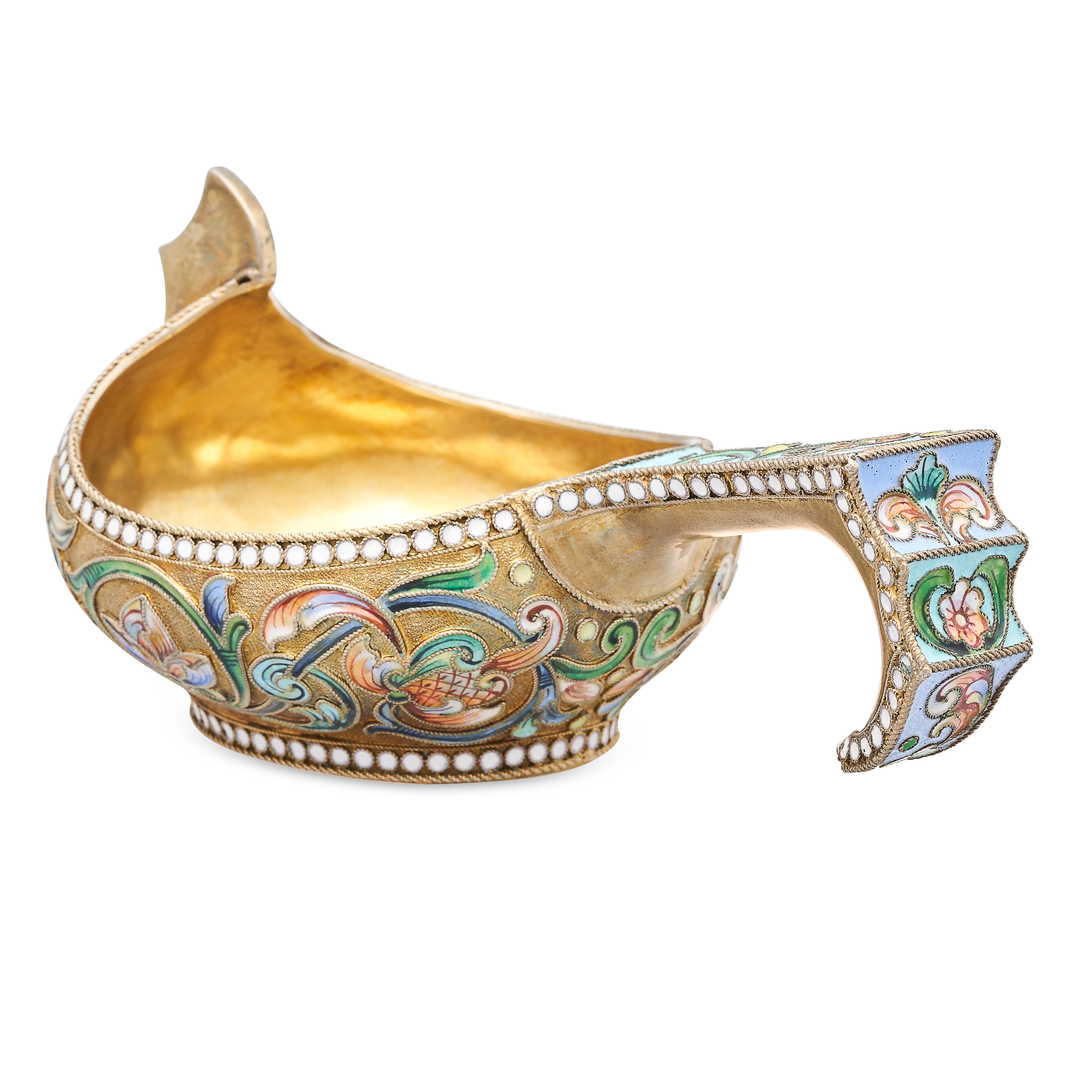 AN ANTIQUE IMPERIAL RUSSIAN SILVER ENAMEL KOVSH, VASILY AGAFONOV, MOSCOW 1908-1917 in 84 zolotnik - Image 2 of 3