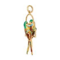 A VINTAGE ENAMEL LOVEBIRDS PENDANT in 18ct yellow gold, designed as two perched lovebirds