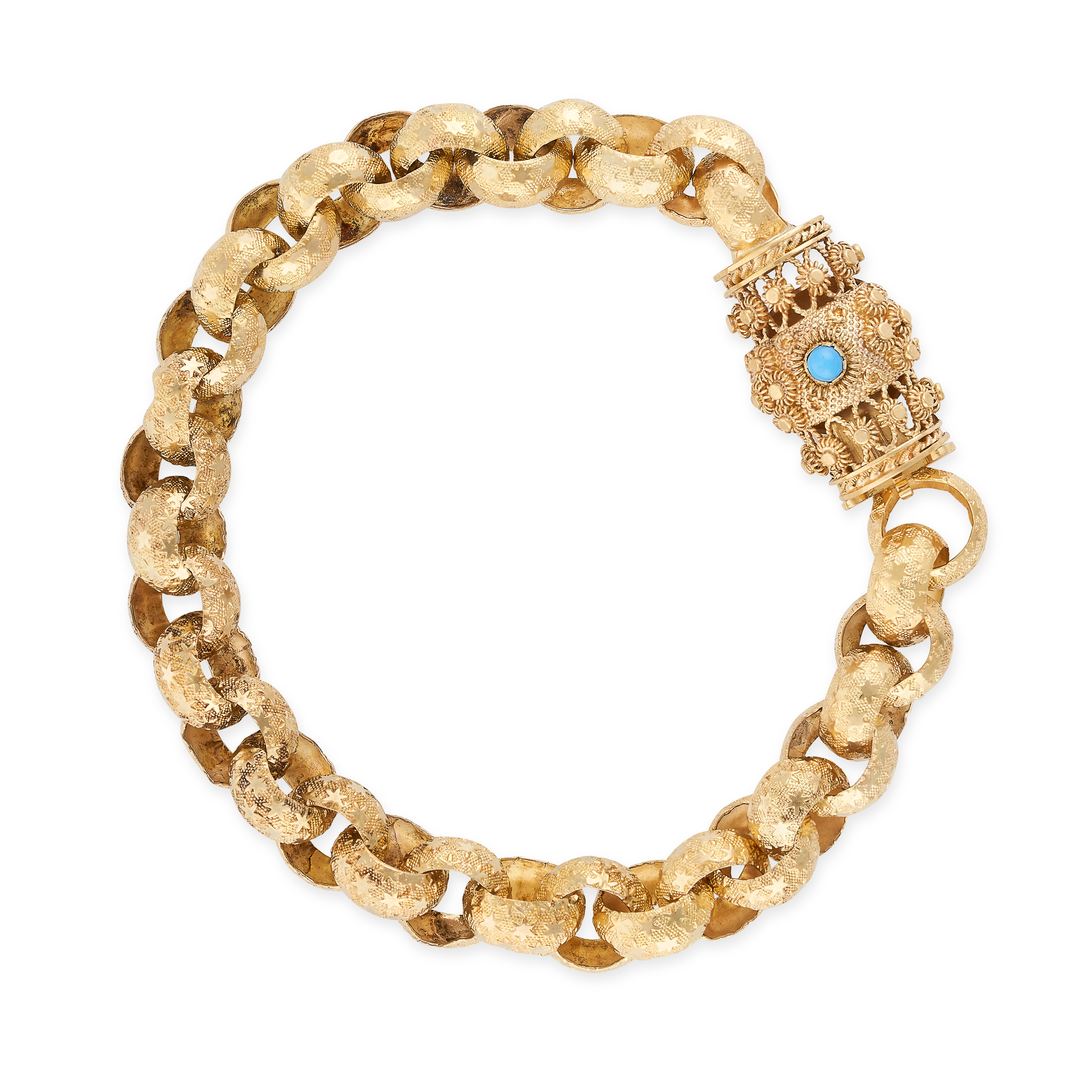 AN ANTIQUE TURQUOISE BRACELET, EARLY 19TH CENTURY in yellow gold, formed of belcher links with