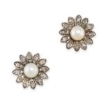 A PAIR OF ANTIQUE PEARL AND DIAMOND FLOWER STUD EARRINGS in yellow gold and silver, each set with