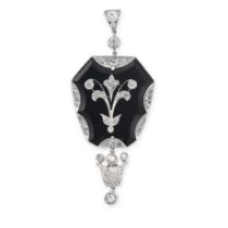 AN ANTIQUE ONYX AND DIAMOND PENDANT, EARLY 20TH CENTURY in platinum, set with a fancy shaped onyx