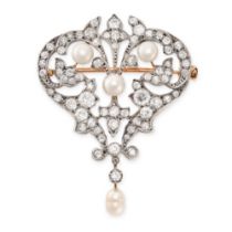 AN ANTIQUE NATURAL PEARL AND DIAMOND BROOCH, 19TH CENTURY in yellow gold and silver, the scrolling