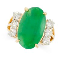 A NATURAL JADEITE JADE AND DIAMOND RING in 18ct yellow gold, set with a cabochon jadeite jade of