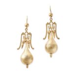 A PAIR OF ANTIQUE GOLD DROP EARRINGS in yellow gold, each comprising a tapering drop accented by a