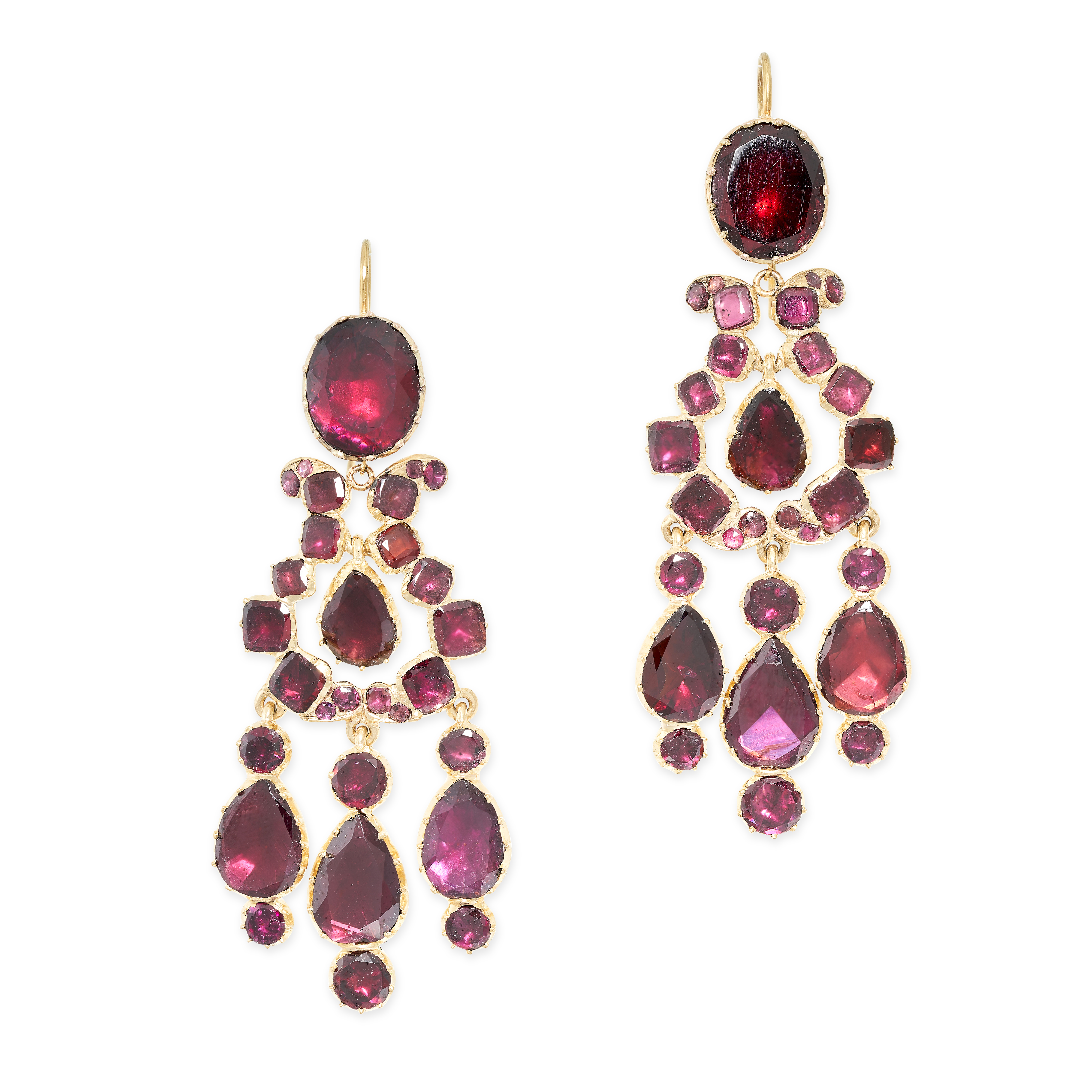 A PAIR OF FINE ANTIQUE GARNET CHANDELIER EARRINGS, 19TH CENTURY in yellow gold, each set with square