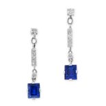 A PAIR OF SAPPHIRE AND DIAMOND DROP EARRINGS each set with a row of round brilliant cut diamonds,