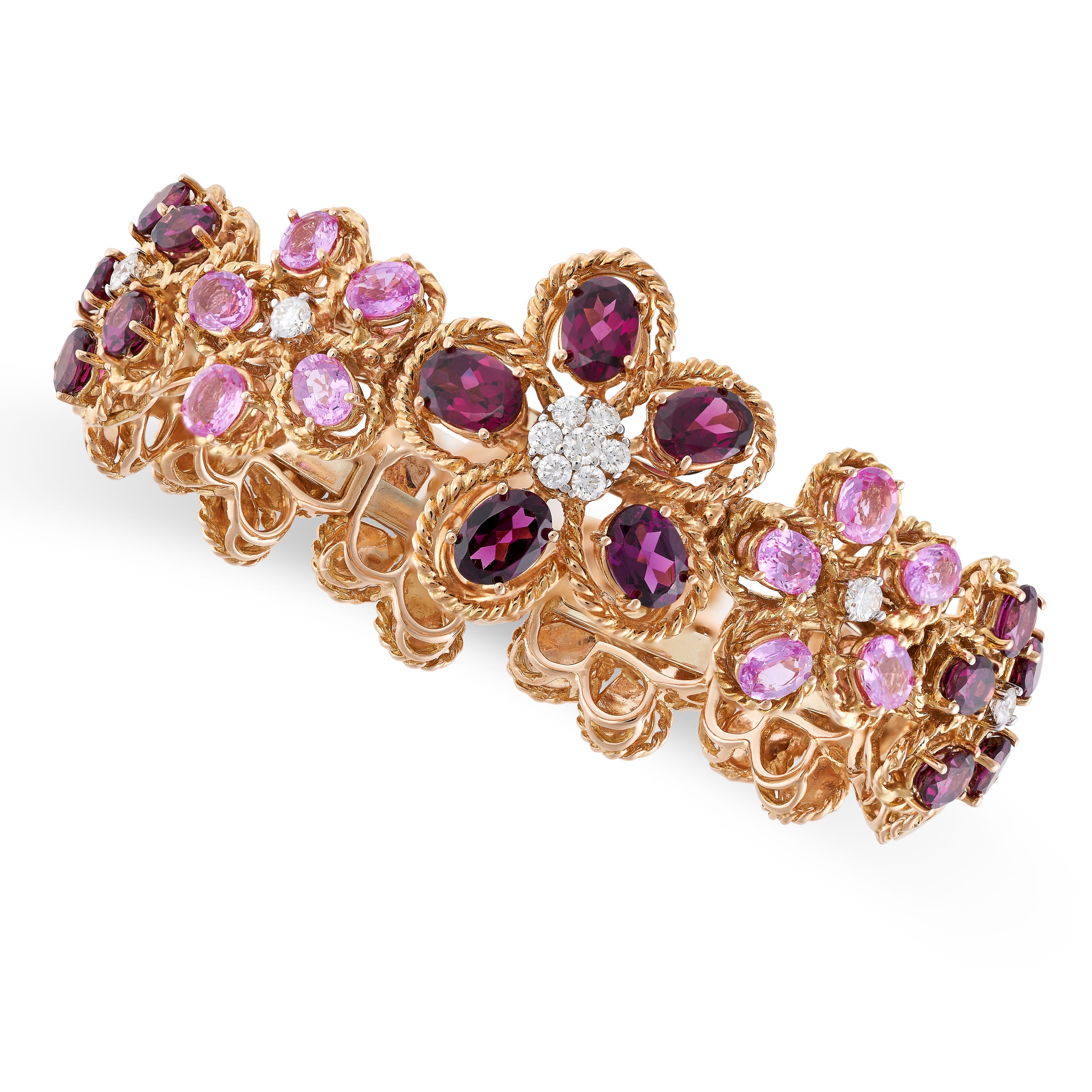 A RHODOLITE GARNET, PINK SAPPHIRE AND DIAMOND BANGLE in 18ct gold, comprising a series of