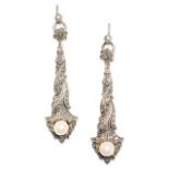 A PAIR OF SYNTHETIC PEARL AND MARCASITE DROP EARRINGS the scrolling bodies set with rose cut