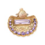 AN ANTIQUE AMETHYST PENDANT / BROOCH, 19TH CENTURY in yellow gold, the shell shaped body with rococo