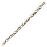 AN ANTIQUE NATURAL PEARL AND DIAMOND BRACELET in yellow gold and silver, set with five pearls of 5.