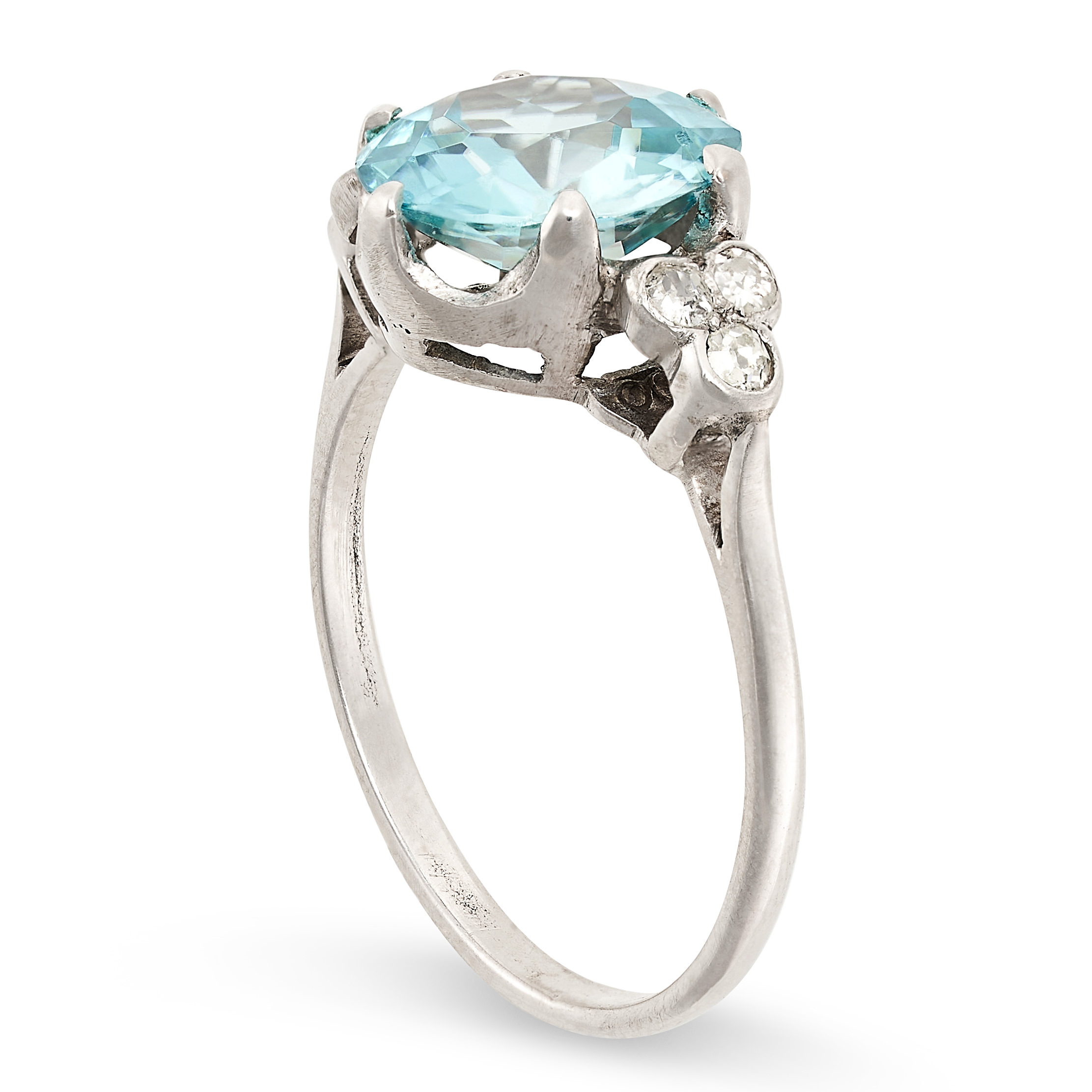 A BLUE ZIRCON AND DIAMOND RING set with a round cut blue zircon of 3.73 carats accented by trios - Image 2 of 2