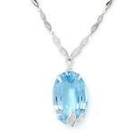 AN AQUAMARINE AND DIAMOND NECKLACE comprising an oval cut aquamarine of 221.01 carats in a foliate