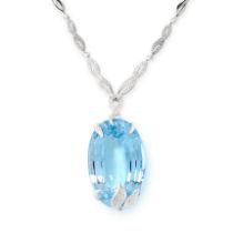 AN AQUAMARINE AND DIAMOND NECKLACE comprising an oval cut aquamarine of 221.01 carats in a foliate
