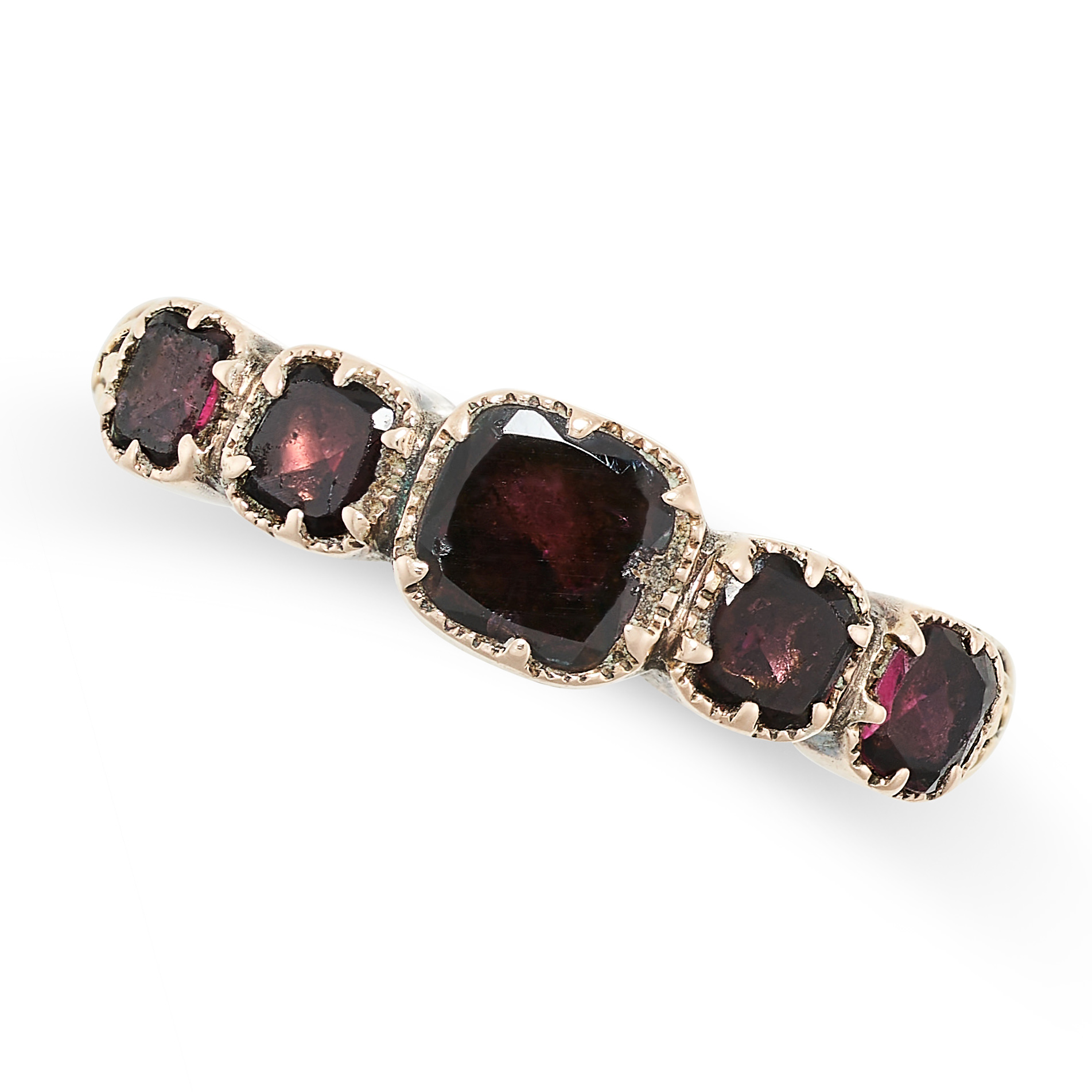 AN ANTIQUE GARNET RING in yellow gold, set with five cushion cut garnets, no assay marks, size L /