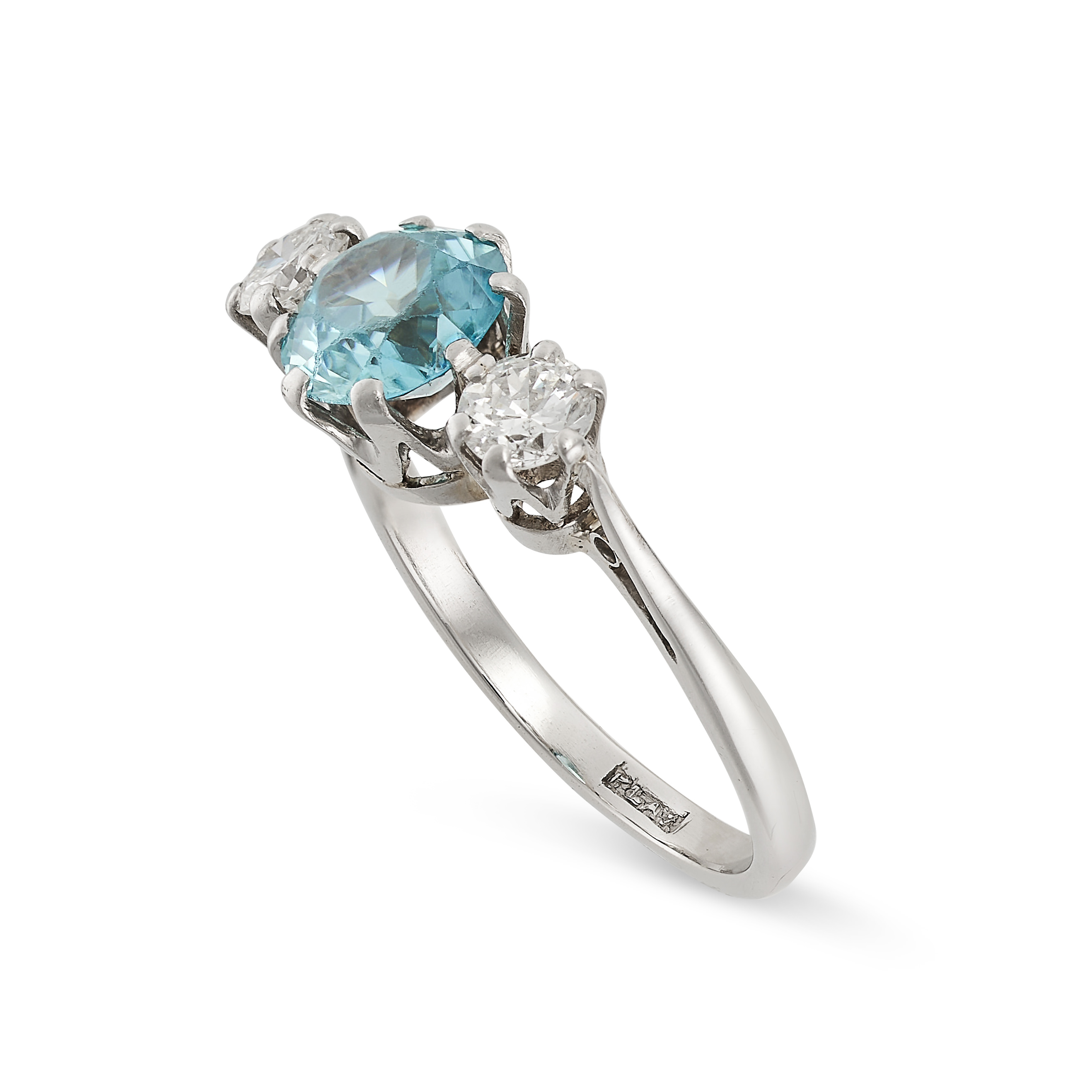 A BLUE ZIRCON AND DIAMOND THREE STONE RING set with a round cut blue zircon between two round cut - Image 2 of 2