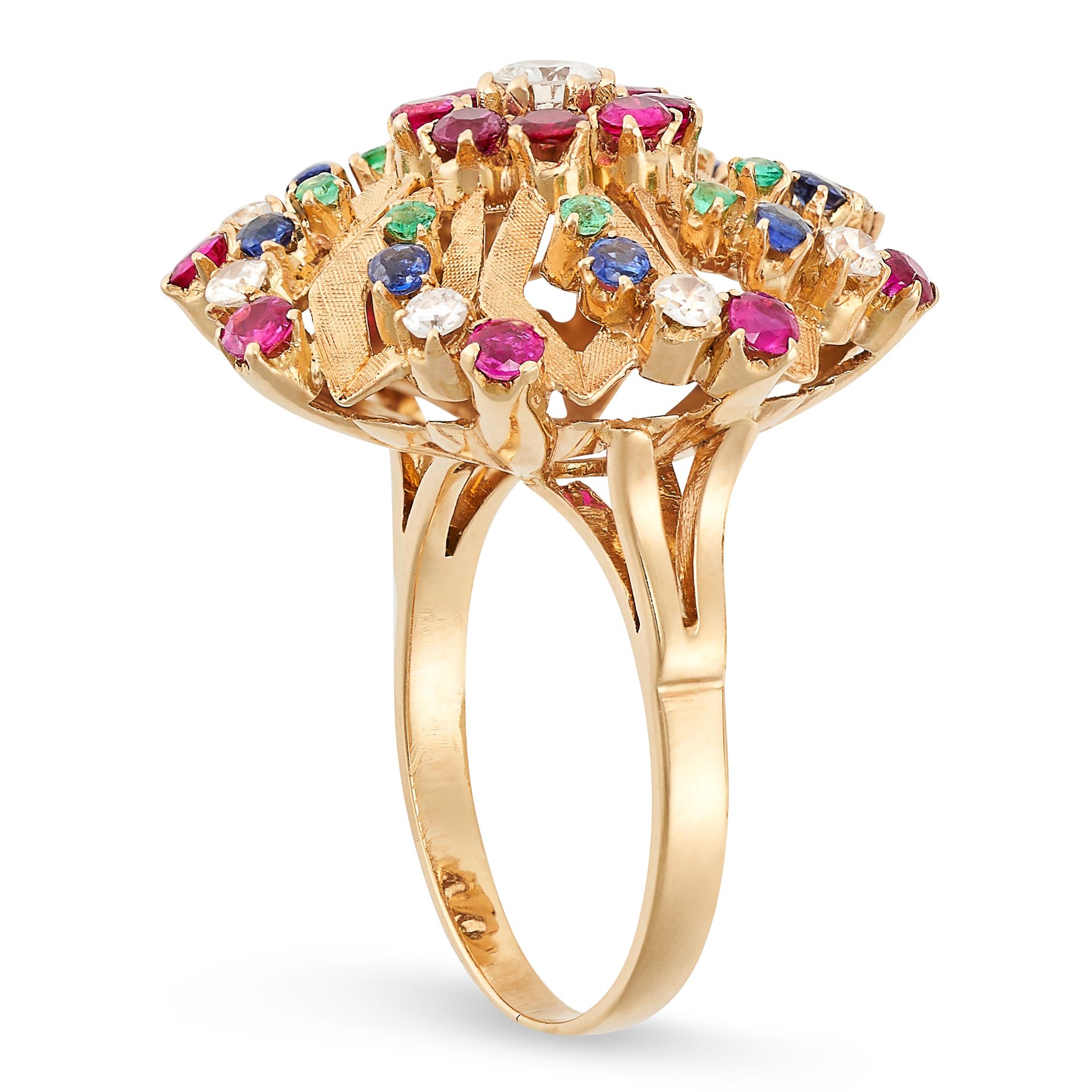 A VINTAGE DIAMOND, RUBY, SAPPHIRE AND EMERALD COCKTAIL RING in 18ct yellow gold, designed as a - Image 2 of 2