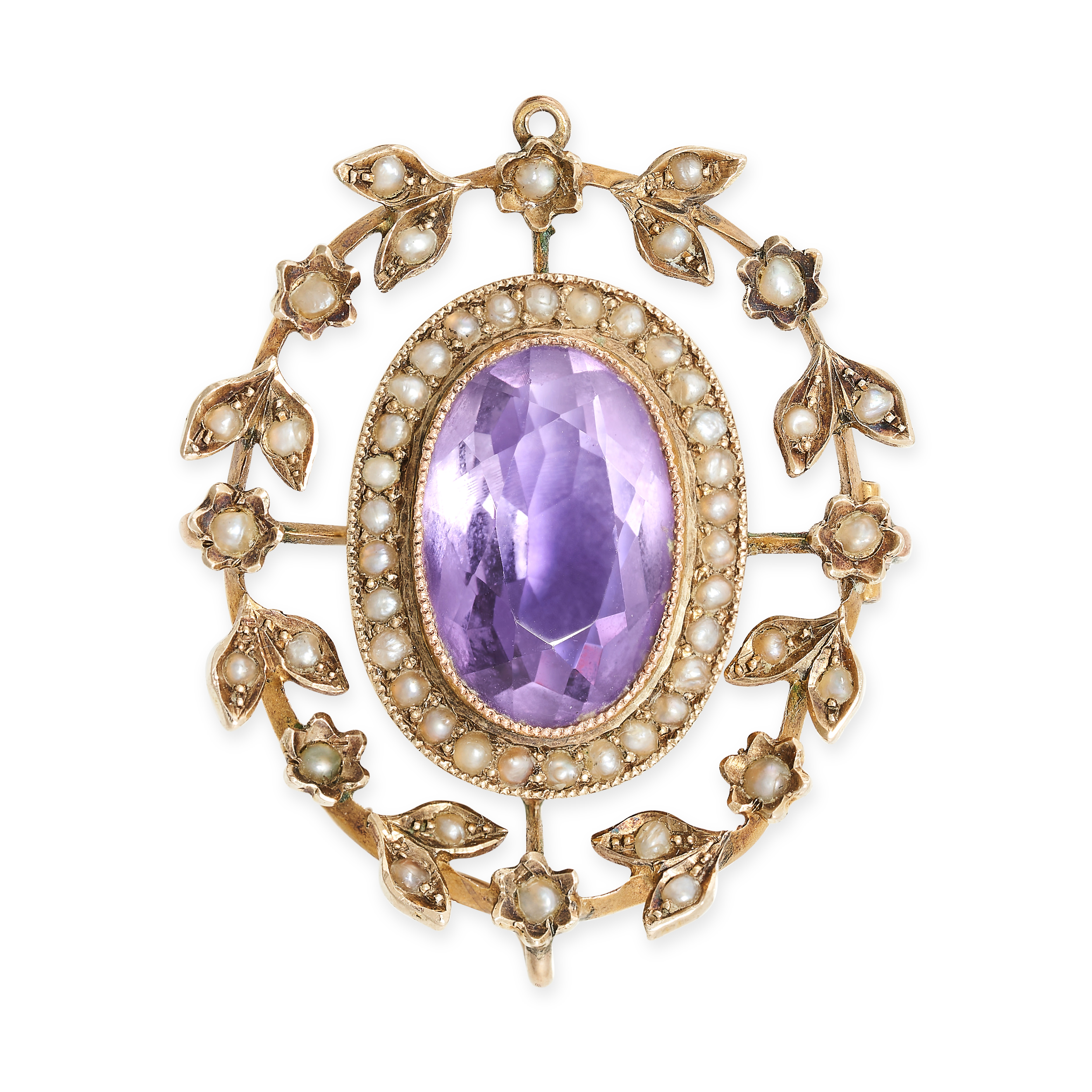 AN ANTIQUE EDWARDIAN AMETHYST AND PEARL PENDANT/BROOCH in 9ct yellow gold, set with an oval cut