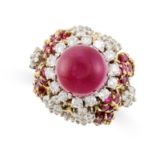 A VINTAGE RUBY AND DIAMOND COCKTAIL RING in yellow gold, set with a cabochon ruby of 16.83 carats in