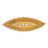 AN ANTIQUE ETRUSCAN REVIVAL DIAMOND BROOCH in yellow gold, the navette shaped body set with a row of
