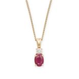 A RUBY AND DIAMOND PENDANT AND CHAIN in 9ct yellow gold, the pendant set with a round brilliant