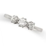 A DIAMOND THREE STONE RING set with three round brilliant cut diamonds all totalling 0.4-0.5 carats,