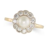 A PEARL AND DIAMOND CLUSTER RING set with a pearl of 5.8mm in a cluster of old cut diamonds, no