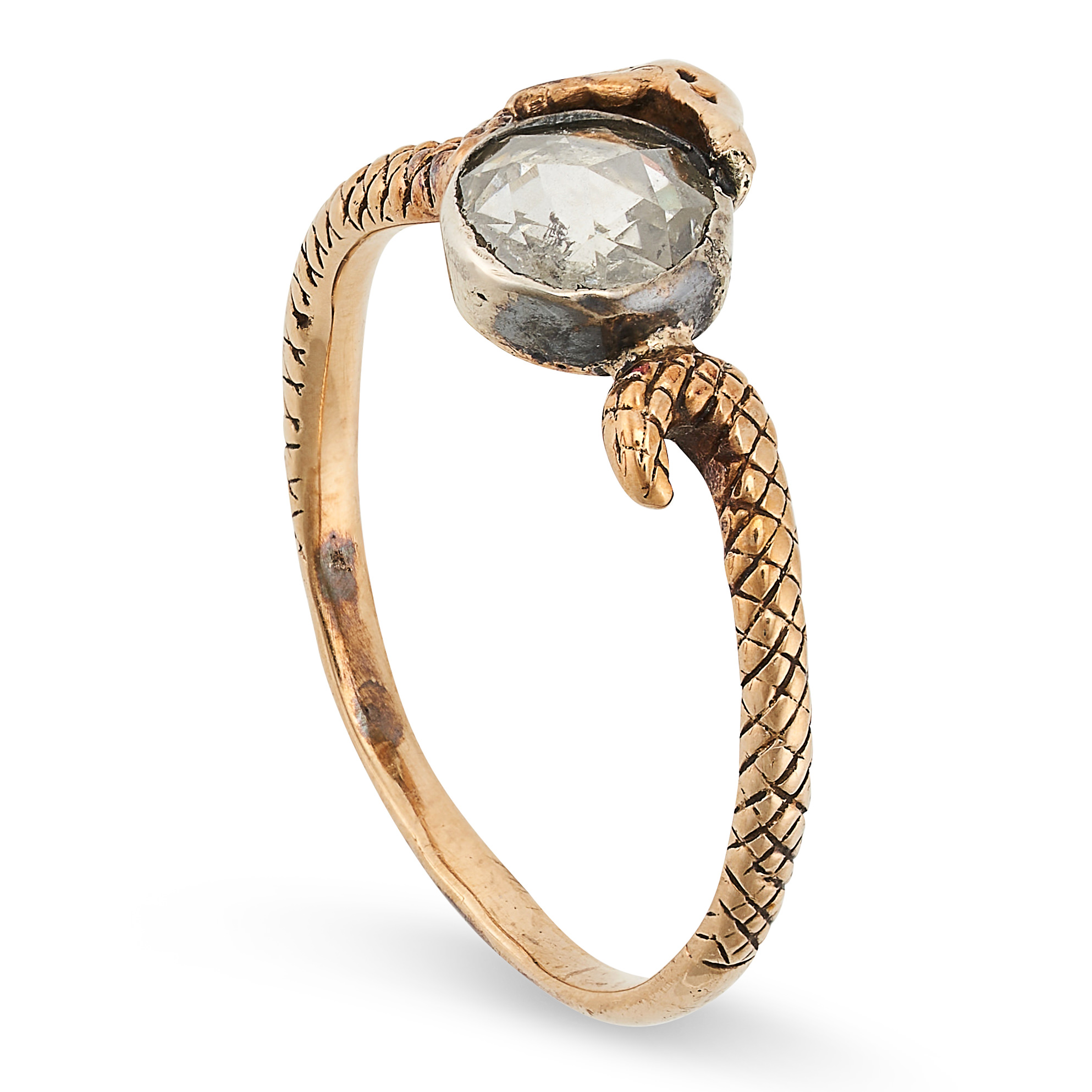AN ANTIQUE DIAMOND SNAKE RING in yellow gold and silver, designed as a snake coiled around a rose - Image 2 of 2