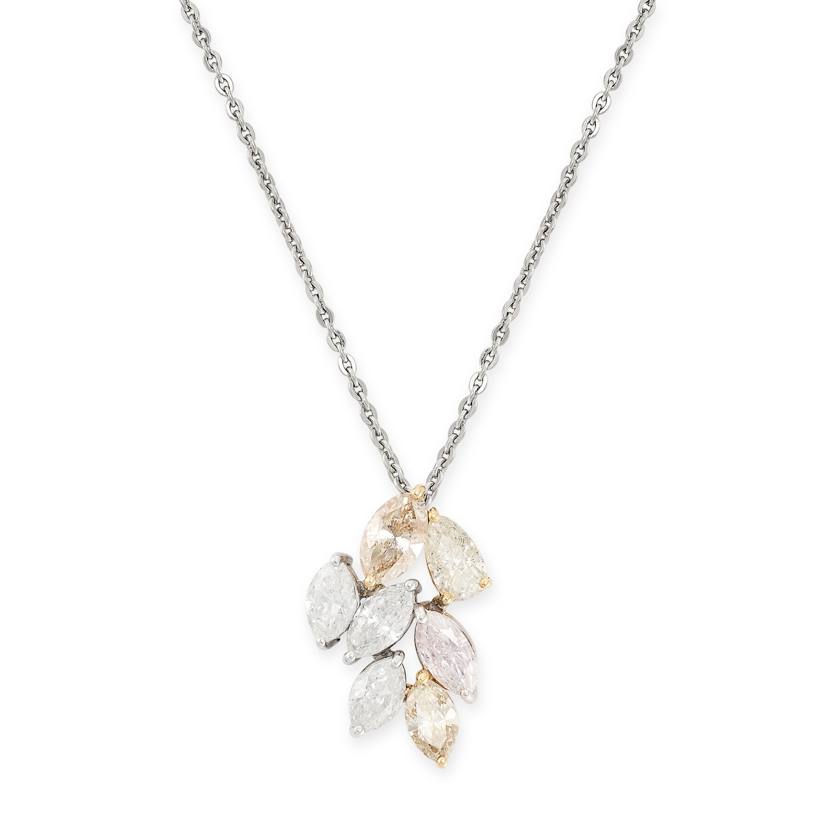 A DIAMOND CLUSTER PENDANT NECKLACE the pendant comprising a cluster of pear and marquise cut
