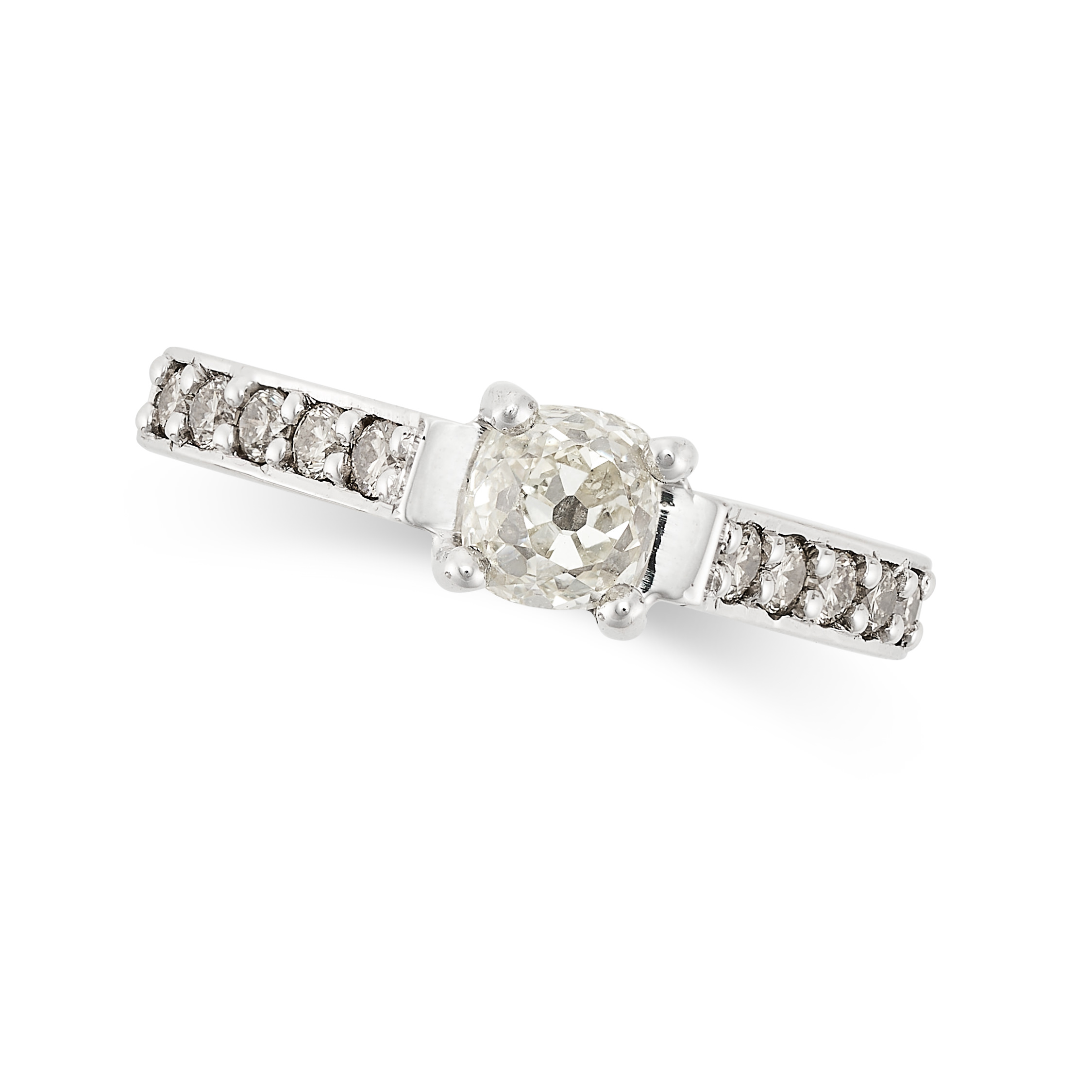 A DIAMOND RING in 18ct white gold, set with an old cut diamond of 0.40 carats, the band half set