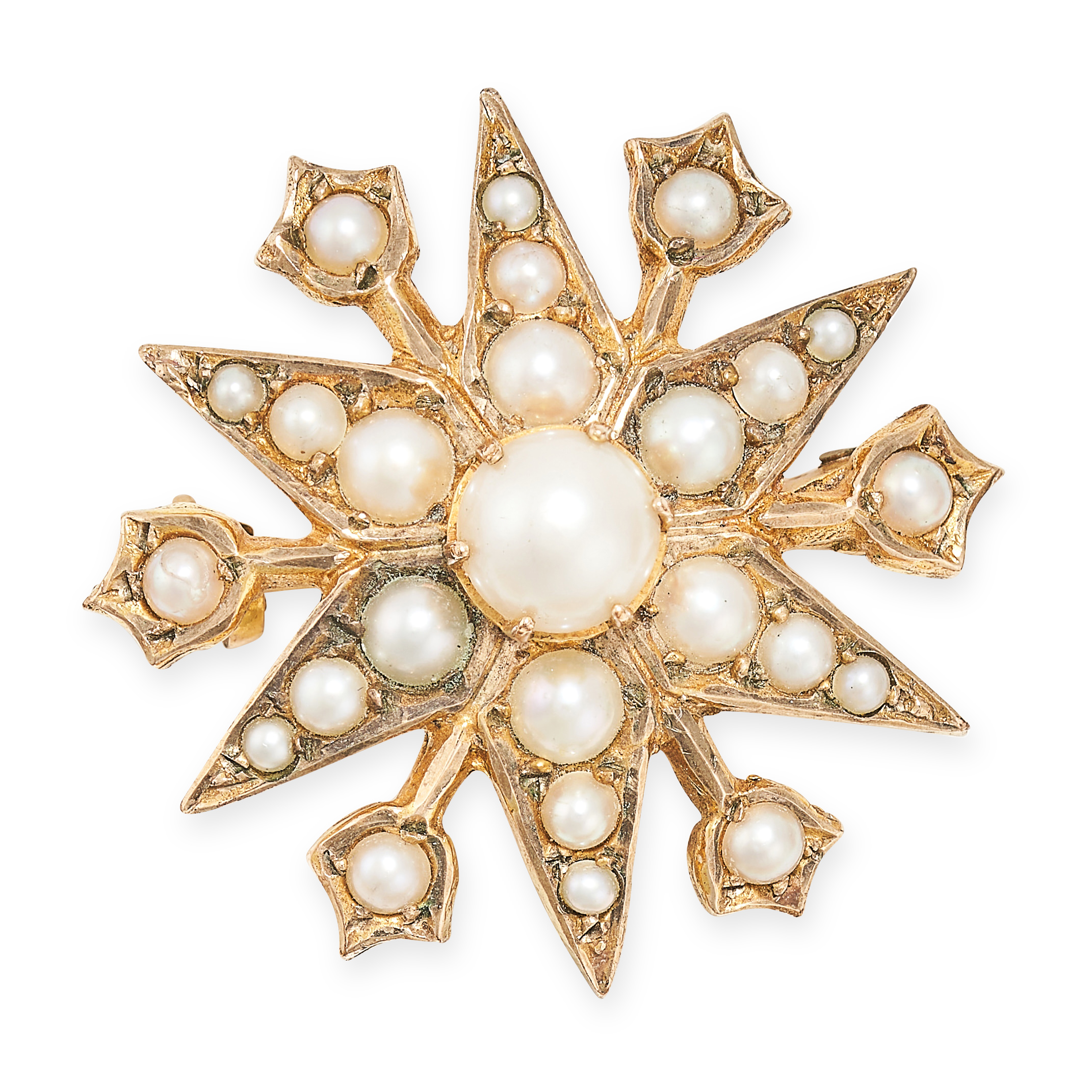 A VINTAGE PEARL STAR BROOCH in 9ct yellow gold, designed as a six rayed star, accented by foliate