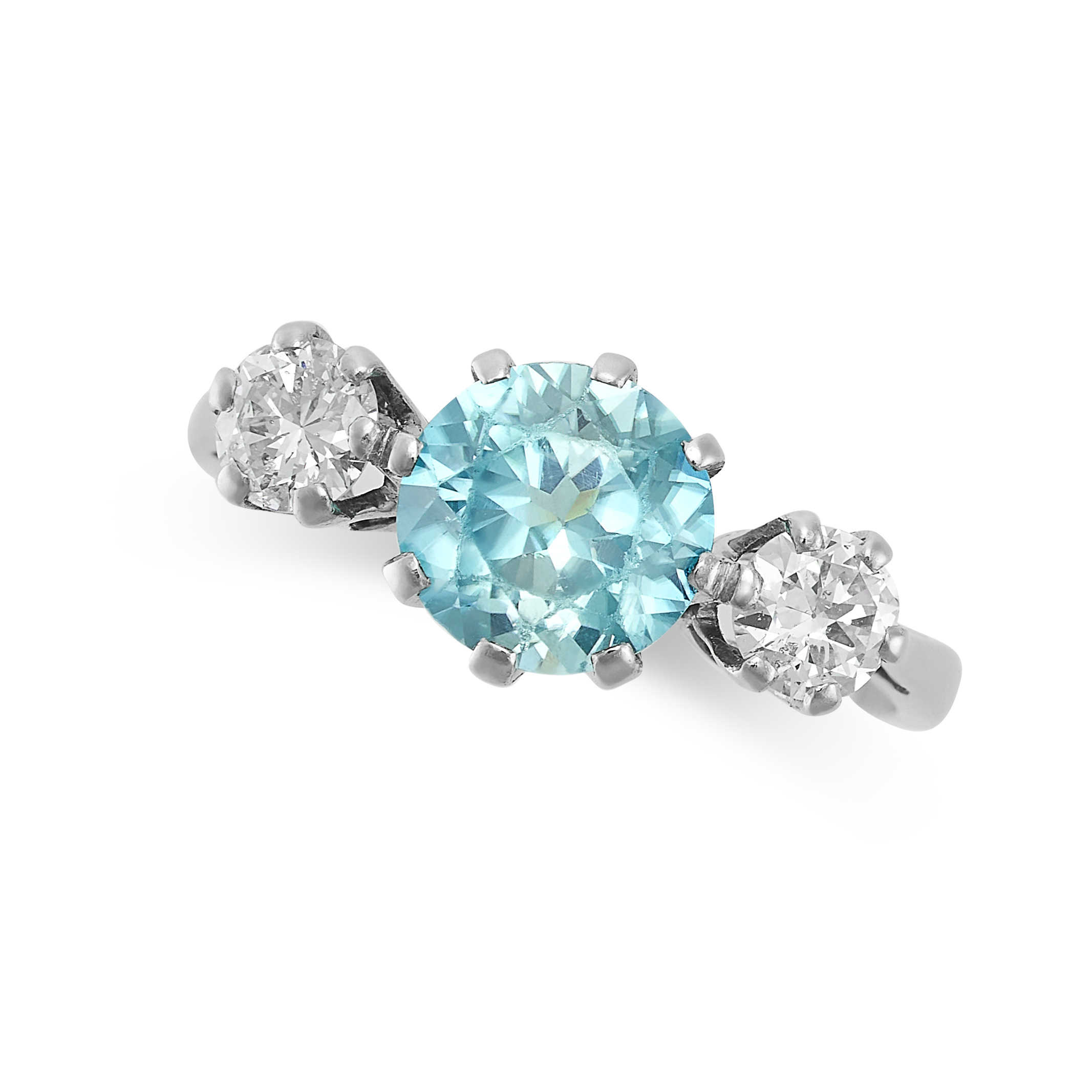A BLUE ZIRCON AND DIAMOND THREE STONE RING set with a round cut blue zircon between two round cut